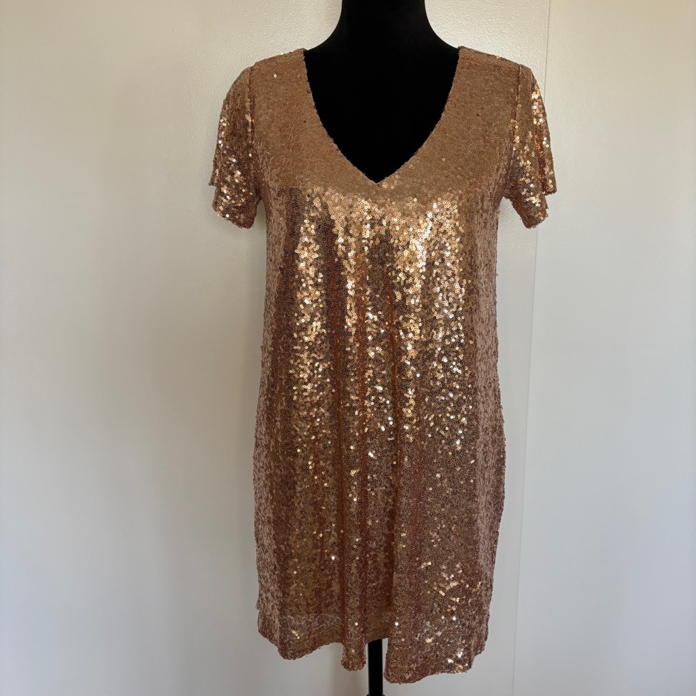 Lulus Pink Gold Sequin Short Sleeve Dress Small